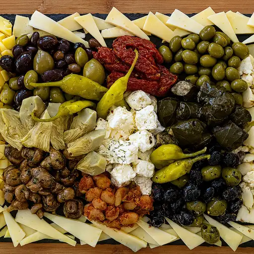 Platte mit verschiedenen Käsesorten, Oliven, Peperoni, Champignons und gefüllten Weinblättern